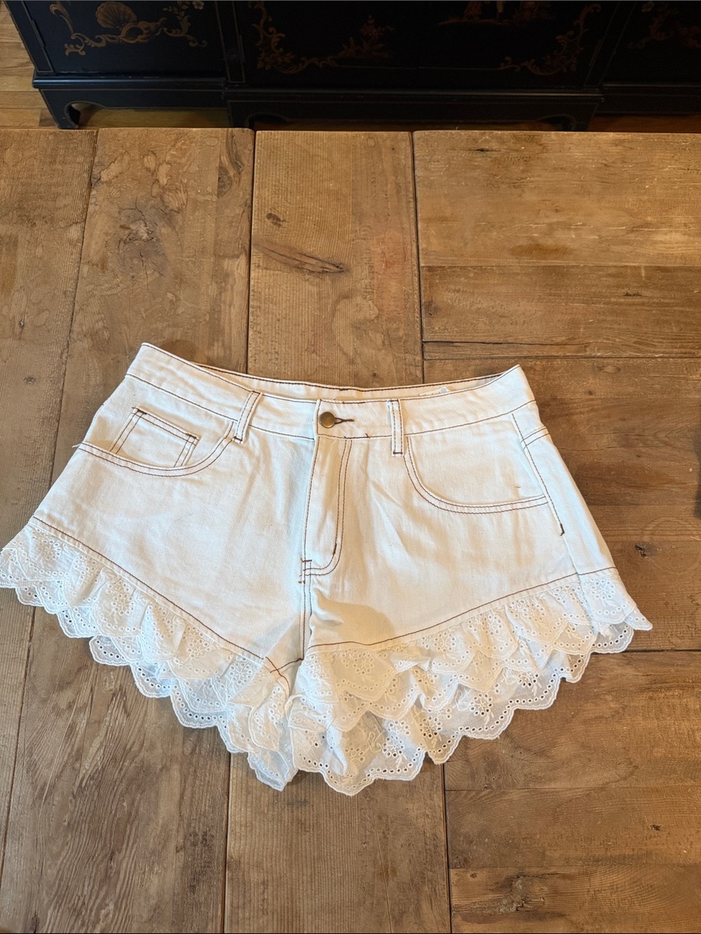 White Eyelet Ruffle Denim Shorts with Scalloped Hem